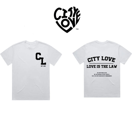 WHITE w/ BLACK “LOVE IS THE LAW” TEE